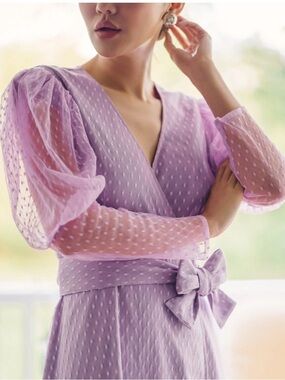 Jessica Wang The Drop Lilac Lavendula Feminine Swiss Dot Puff Sleeve Wrap Dress